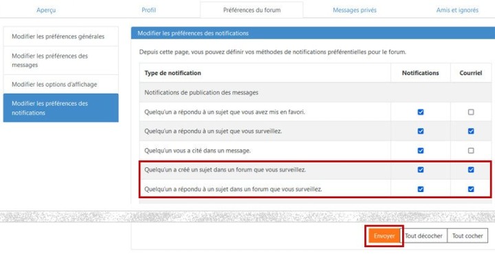 Préférences du forum &gt; Modifier les préférences des notifications